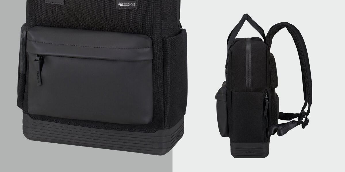 Plecak na laptopa AMERICAN TOURISTER Soulpack 15 cali Detal przedniej kieszeni plecaka z wodoodpornym zamkiem oraz widok plecaka z profilu. 