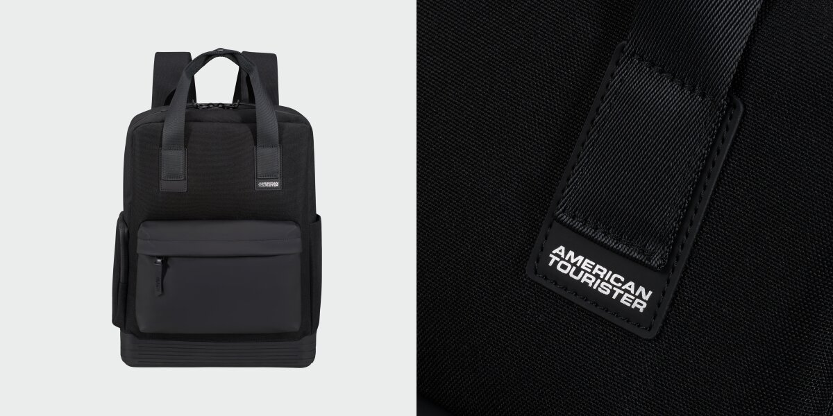 Plecak na laptopa AMERICAN TOURISTER Soulpack 15 cali Czarny plecak American Tourister przodem oraz zbliżenie na gumowane logo marki przy uchwycie. 