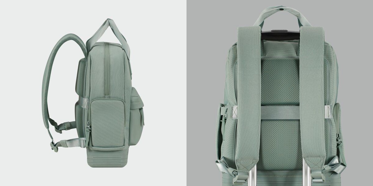 Plecak na laptopa AMERICAN TOURISTER Soulpack 15 cali  Iceberg Green Zielony Plecak American Tourister w kolorze szałwiowym – widok z boku na szerokie ramiączka oraz widok z tyłu z pasem mocującym do rączki walizki.