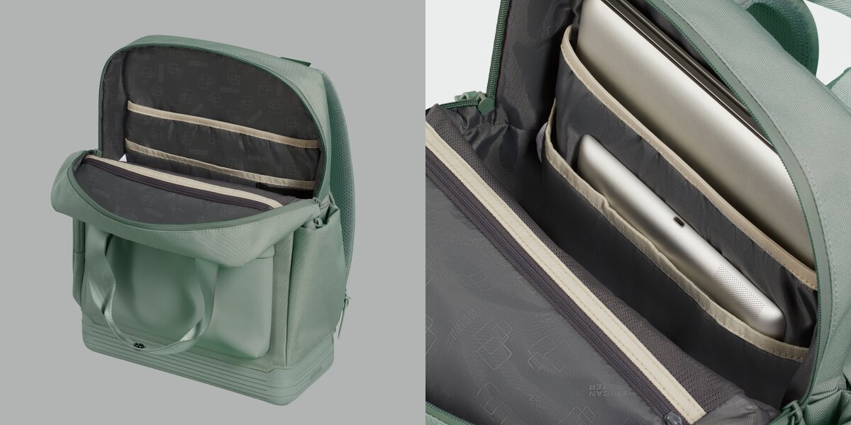 Plecak na laptopa AMERICAN TOURISTER Soulpack 15 cali  Iceberg Green Zielony Otwarta komora główna plecaka American Tourister z dedykowanymi przegrodami na laptopa i tablet oraz kieszenią na zamek.