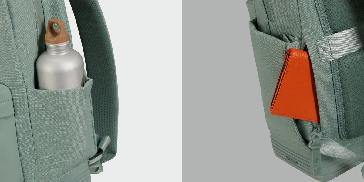Plecak na laptopa AMERICAN TOURISTER Soulpack 15 cali  Iceberg Green Zielony Detale bocznych kieszeni plecaka American Tourister: jedna z bidonem, druga z pomarańczowym portfelem w ukrytej bezpiecznej przegrodzie.