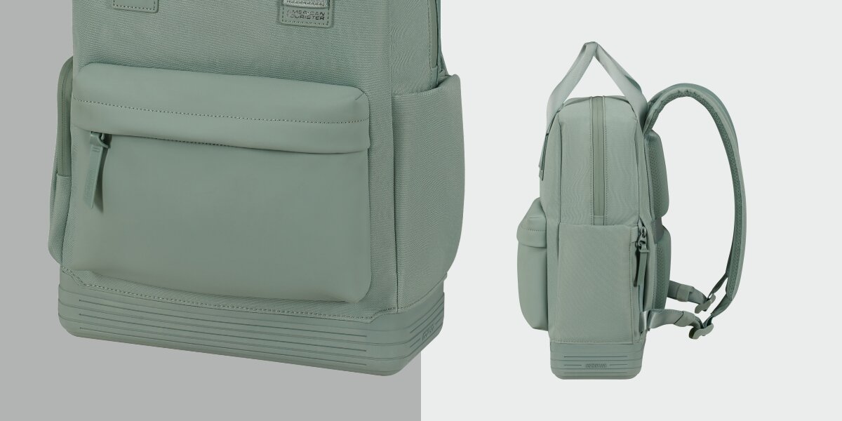 Plecak na laptopa AMERICAN TOURISTER Soulpack 15 cali  Iceberg Green Zielony Zbliżenie na przednią kieszeń i wzmocniony spód plecaka American Tourister oraz profil pokazujący ergonomiczny kształt pleców.