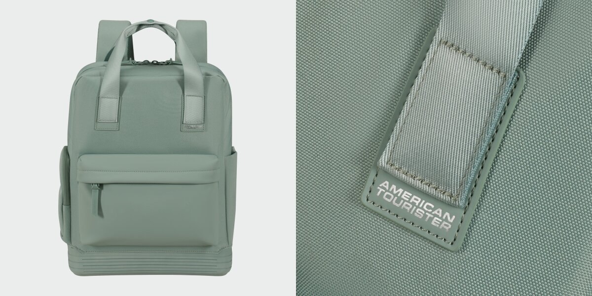 Plecak na laptopa AMERICAN TOURISTER Soulpack 15 cali  Iceberg Green Zielony Front plecaka American Tourister w odcieniu szałwii oraz powiększone zbliżenie na gumowane logo marki przy uchwycie.