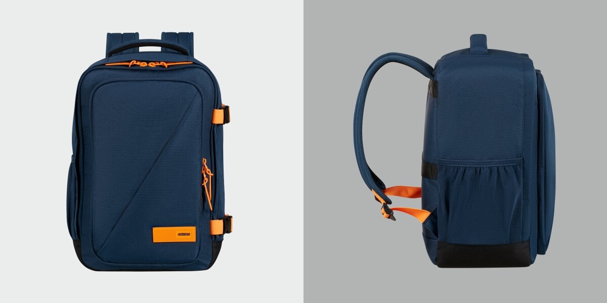 Plecak kabinowy AMERICAN TOURISTER Take2Cabin S Granatowo-pomarańczowy (Ryanair) Zaprojektowany pod Ryanair