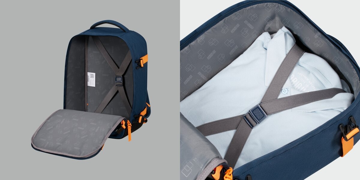 Plecak kabinowy AMERICAN TOURISTER Take2Cabin S Granatowo-pomarańczowy (Ryanair) Funkcjonalność jak w walizce