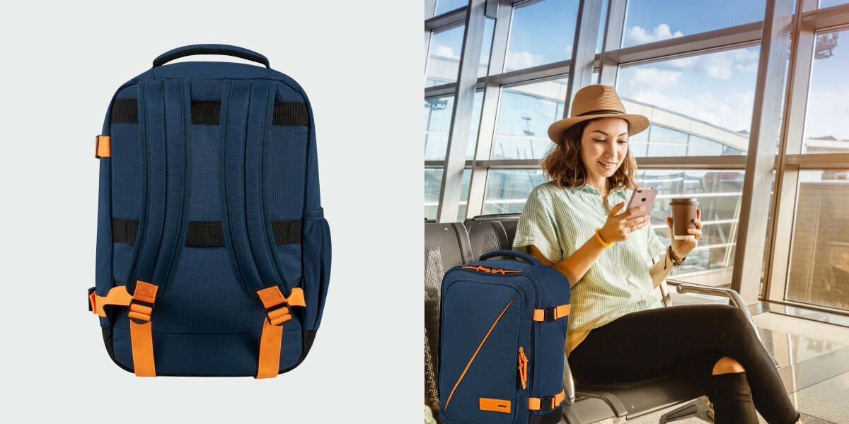 Plecak kabinowy AMERICAN TOURISTER Take2Cabin S Granatowo-pomarańczowy (Ryanair) Komfort w każdej sytuacji