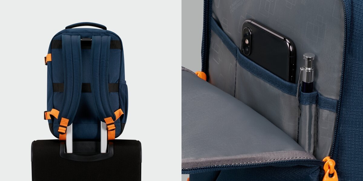 Plecak kabinowy AMERICAN TOURISTER Take2Cabin S Granatowo-pomarańczowy (Ryanair) Ekologiczny wybór
