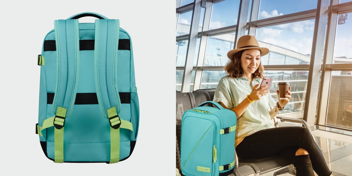 Plecak kabinowy AMERICAN TOURISTER Take2Cabin S Turkusowo-limonkowy (Ryanair) Komfort w każdej sytuacji