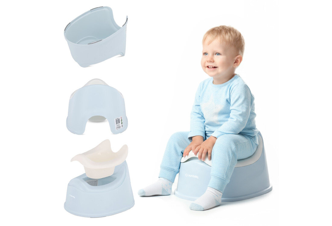 Na zdjęciu widać biało-niebieski nocnik z logo \'Sun Baby\', obok którego siedzi dziecko. Nocnik jest pokazany z różnych perspektyw, w tym z widocznym wyjmowanym wkładem.