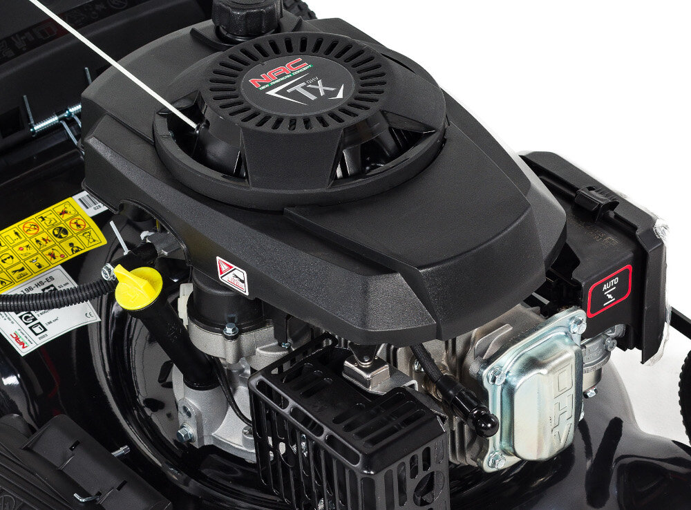 Kosiarka spalinowa NAC LS50-196-HS-ES z napędem silnik 4-suwowy NAC długa bezawaryjna praca pojemność 196 cm3 w technologii OHV moc 3,6 KM żeliwna tuleja cylindra maksymalny moment obrotowy 10,5 Nm prędkość obrotowa 2800 obr/min