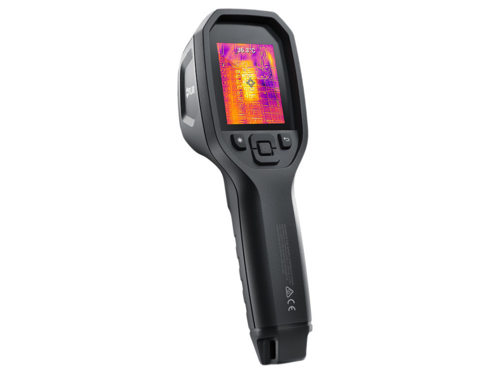 FLIR TG298 FLIR TG298 -25°C do 1080°C ±1,5°C 50-100°C Czułość termiczna <70mK wycieki powietrza problemy HVAC - kamera od tyłu na białym tle, widoczny panel sterowania oraz ekran