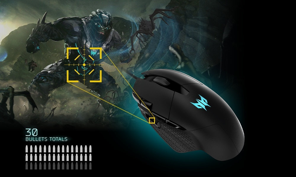 ACER Predator Cestus 315 dedykowany przycisk Burst Fire  serię strzałów jednym kliknięciem dynamicznych strzelankach grach akcji 100 IPS przyspieszenie 20 G