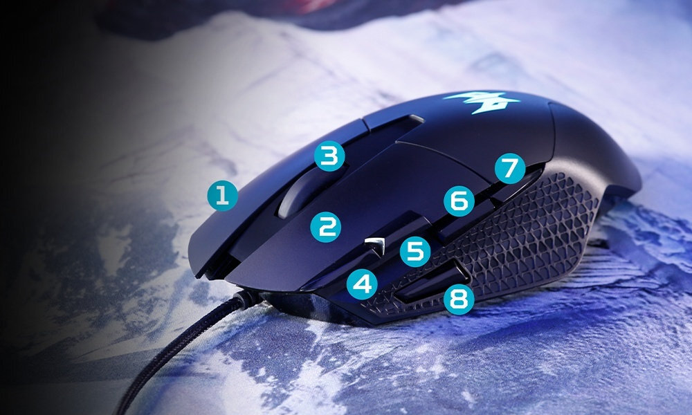 ACER Predator Cestus 315 Wytrzymałe przełączniki do 10 milionów kliknięć osiem programowalnych przycisków szeroką personalizację myszy
