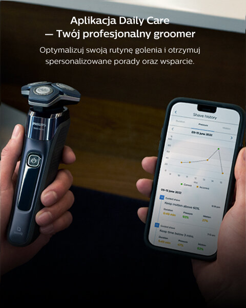Osoba trzyma golarkę marki PHILIPS oraz smartfon z aplikacją pokazującą historię golenia. Na obrazie widoczny jest tekst: \'Aplikacja Daily Care — Twój profesjonalny groomer. Optymalizuj swoją rutynę golenia i otrzymuj spersonalizowane porady oraz wsparcie.\'