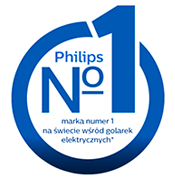 Logo w kształcie okręgu z napisem \'Philips No 1 marka numer 1 na świecie wśród golarek elektrycznych\'.