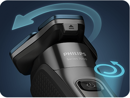Obraz przedstawia golarkę z napisem \'PHILIPS Series 7000\' oraz ikonami wskazującymi kierunek ruchu głowicy. Golarka ma ciemny kolor z niebieskimi akcentami.