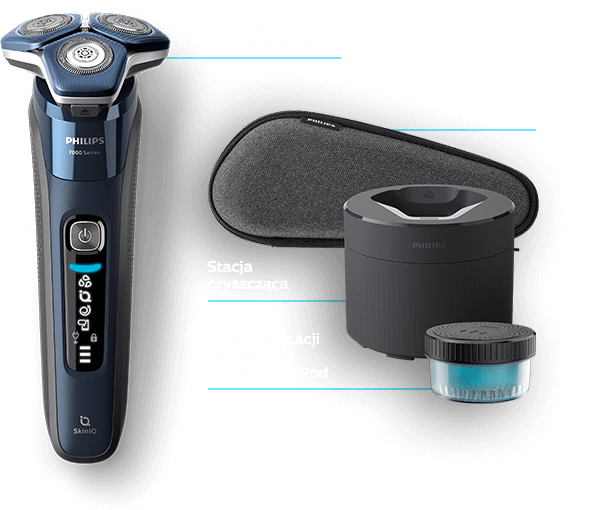 Na obrazie znajduje się golarka PHILIPS Seria 7000 S7885/50 z wyświetlaczem i przyciskiem zasilania, etui, stacja czyszcząca oraz wkład do stacji czyszczącej Quick Clean Pod. Widoczny jest tekst: \'Golarka Philips S7885/50\', \'Stacja czyszcząca\', \'Wkład do stacji czyszczącej Quick Clean Pod\', \'Etui\'.