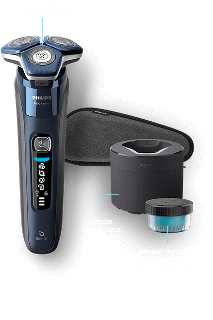 Na obrazie znajduje się golarka PHILIPS Seria 7000 S7885/50 SkinIQ, etui, stacja czyszcząca oraz wkład do stacji czyszczącej Quick Clean Pod. Widoczny jest napis \'PHILIPS 7000 Series\' na golarce.