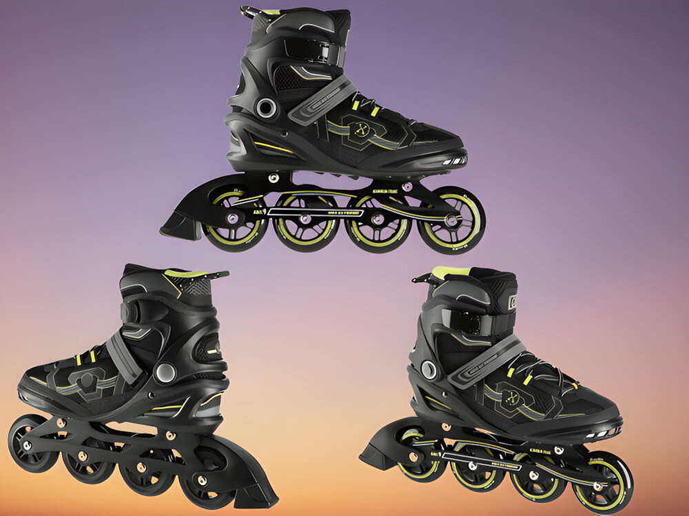 Na obrazie widoczne są czarno-żółte łyżworolki z czterema kółkami, przedstawione z różnych perspektyw. Łyżworolki mają nowoczesny design z elementami w kolorze żółtym i czarnym.