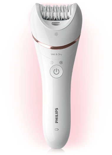 Biały depilator z napisem \'PHILIPS\' i przyciskiem zasilania na obudowie. Widoczny jest również napis \'Wet & Dry\'.