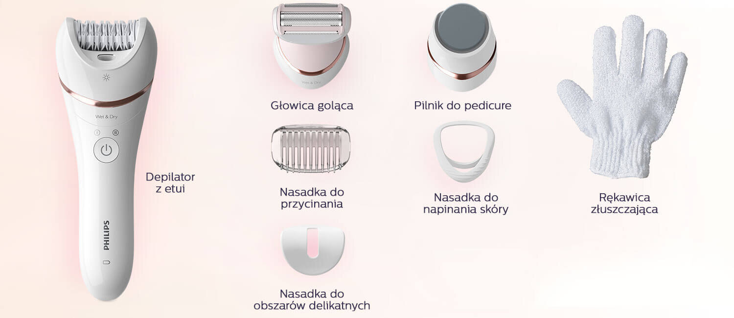 Na obrazie widoczny jest depilator z etui oraz różne akcesoria: głowica goląca, pilnik do pedicure, nasadka do przycinania, nasadka do napinania skóry, nasadka do obszarów delikatnych i rękawica złuszczająca. Obok depilatora znajduje się logo \'PHILIPS\'.