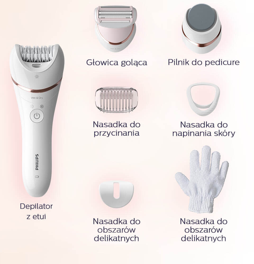Obraz przedstawia depilator z etui oraz różne nasadki i akcesoria, takie jak głowica goląca, pilnik do pedicure, nasadka do przycinania, nasadka do napinania skóry, nasadka do obszarów delikatnych i rękawica. Widoczny jest również napis \'Philips\' na depilatorze.