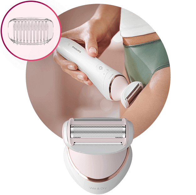 Na obrazie widoczny jest depilator marki Philips trzymany w dłoni, z napisem \'Wet & Dry\' na dolnej części urządzenia. W górnym rogu znajduje się zbliżenie na nasadkę depilatora.
