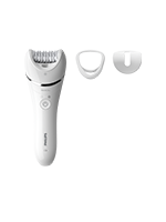 Na obrazie widoczny jest biały depilator z dwoma wymiennymi końcówkami. Na urządzeniu znajduje się logo \'Philips\'.