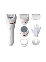 Na obrazie widoczny jest biały depilator z kilkoma wymiennymi końcówkami oraz rękawiczką. Produkt ma logo \'Philips\'.
