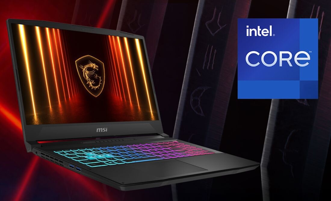 Laptop MSI Katana prezentuje ekran z logo MSI obok oznaczenia procesora Intel Core na ciemnym tle – Intel Core DDR5 5600 MHz dysk NVMe PCIe 4.0