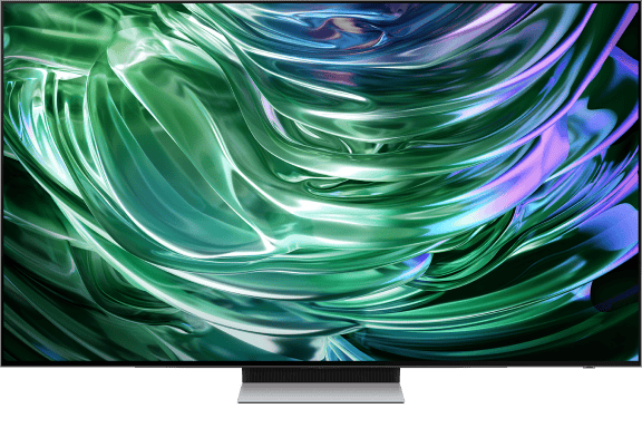 Telewizor z dużym ekranem wyświetlający abstrakcyjny wzór w odcieniach zieleni i fioletu. Na dole widoczna jest cienka ramka i podstawa urządzenia.