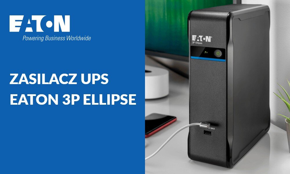 Na obrazie widoczny jest czarny zasilacz UPS z logo EATON, podłączony do urządzenia za pomocą kabla USB. Obok znajduje się napis: \'ZASILACZ UPS EATON 3P ELLIPSE\'.