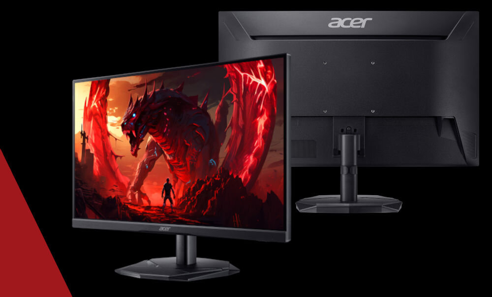 Monitor ACER Nitro KG251QX0BIIP 24.5 cala 1920x1080px 200Hz 2 ms [GTG] prezentacja monitora od przodu i tyłu na czarnym tle czerwony pasek po lewej stronie na dole