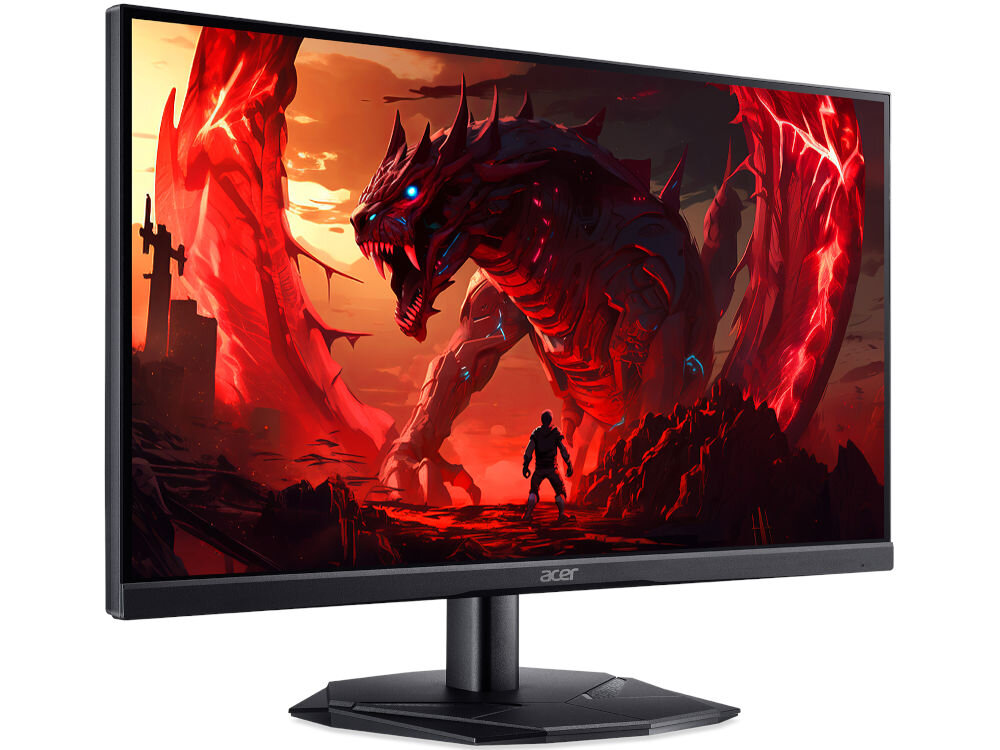 Monitor ACER Nitro KG251QX0BIIP 24.5 cala 1920x1080px 200Hz 2 ms [GTG] prezentacja monitora pod kątem od przodu na białym tle regulowana podstawa zakres regulacji dostosowanie pozycji ograniczenie napięcia