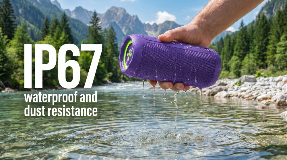 Osoba trzyma fioletowy głośnik nad strumieniem wody, z którego kapie woda. Obok widoczny jest tekst: \'IP67 waterproof and dust resistance\'.