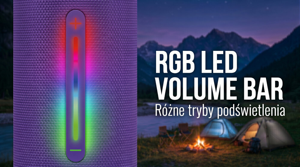 Fioletowy głośnik z podświetleniem RGB LED i oznaczeniami głośności. Obok widoczny jest napis: \'RGB LED VOLUME BAR Różne tryby podświetlenia\'.