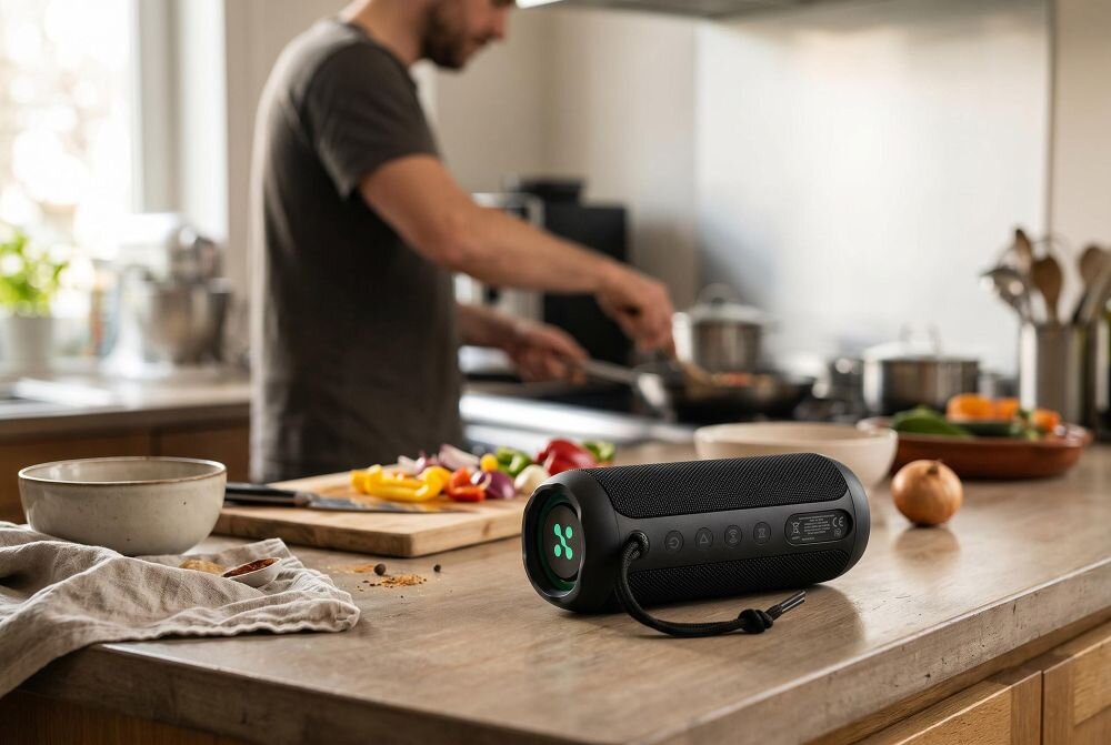 Na blacie kuchennym stoi czarny głośnik mobilny z widocznymi przyciskami i paskiem. W tle osoba przygotowuje posiłek przy desce do krojenia z warzywami.