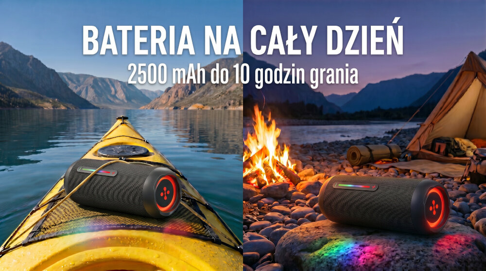 Obraz przedstawia głośnik mobilny na kajaku na jeziorze oraz przy ognisku obok namiotu. Tekst na obrazie: \'BATERIA NA CAŁY DZIEŃ 2500 mAh do 10 godzin grania\'.