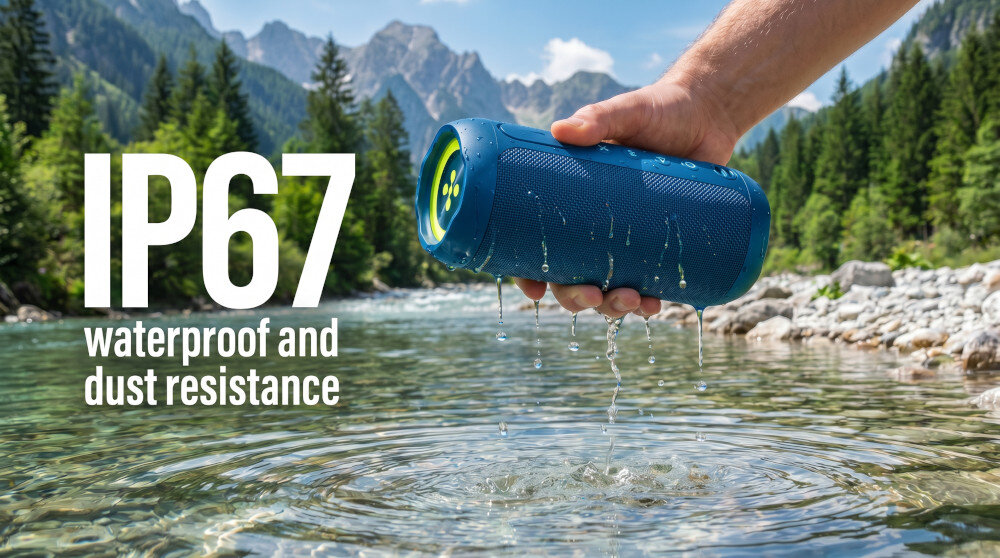 Osoba trzyma niebieski głośnik nad wodą, z którego kapie woda. Obok widoczny jest tekst: \'IP67 waterproof and dust resistance\'.