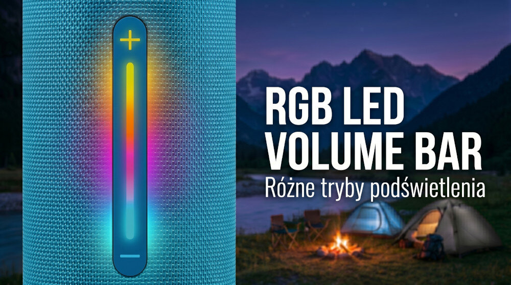 Obraz przedstawia niebieski głośnik z podświetlanym paskiem RGB LED oraz tekst \'RGB LED VOLUME BAR Różne tryby podświetlenia\'. W tle widoczne są góry i dwa namioty przy ognisku.