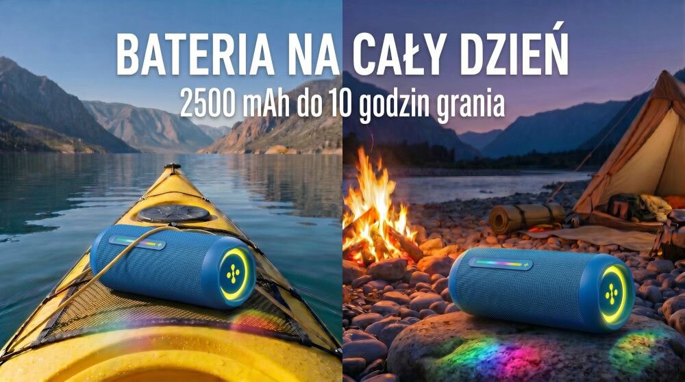 XMUSIC BTS660 - głośnik przymocowany do kajaku, głośnik leżący na kamieniu w plenerze