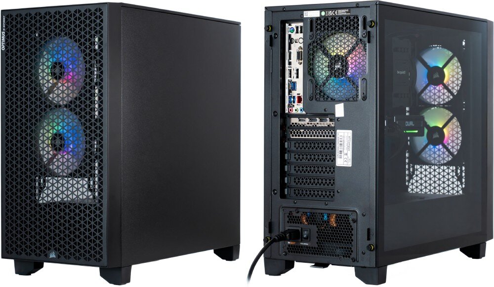 Komputer OPTIMUS E-Sport GB760T-CR16 Obudowa komputerowa z przodu z dwoma włączonymi wentylatorami ARGB i tył obudowy z włączonym podświetleniem ARGB oraz kablem zasilającym po lewej stronie, chłodzenie procesora, zasilacz