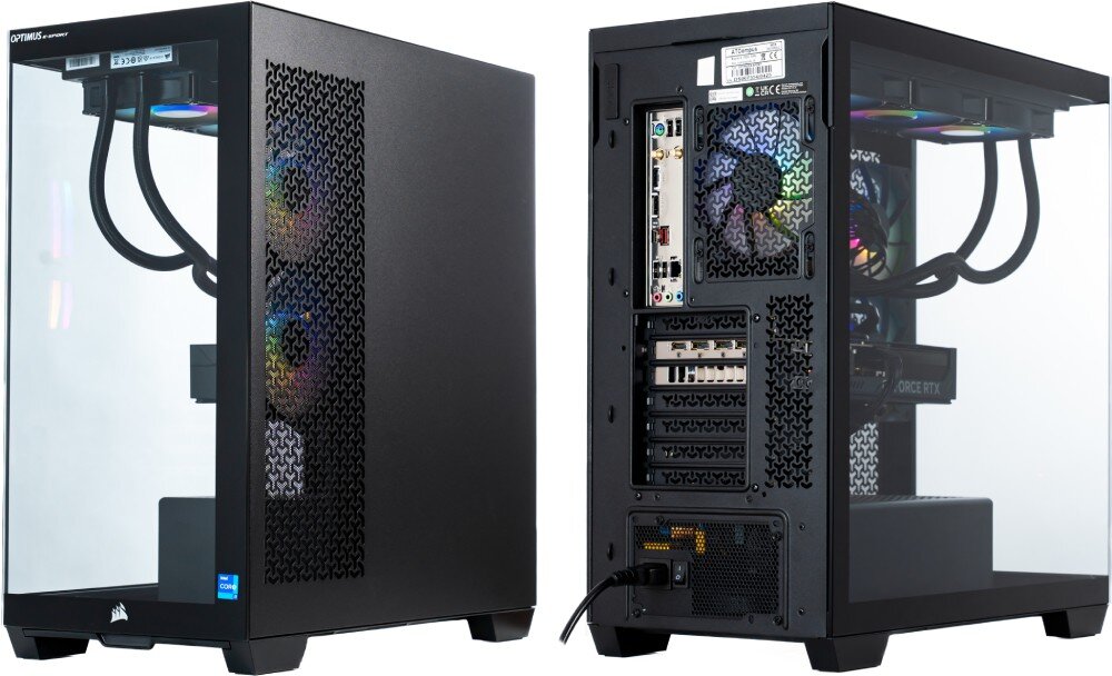 Komputer OPTIMUS E-Sport GB760T-CR17 Dwa ujęcia czarnego komputera na białym tle, jedno prezentujące prawy bok z perforowanym panelem, a drugie tył obudowy z widocznymi złączami płyty głównej i karty graficznej, porty, karta sieciowa, obudowa, wygląd