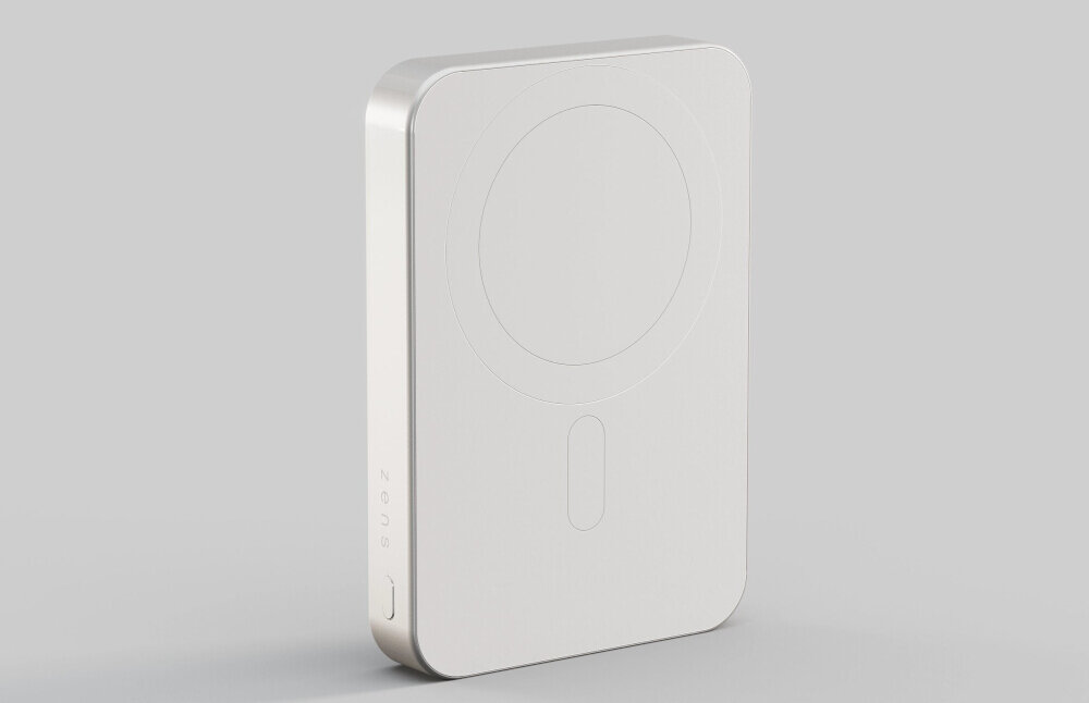Biały powerbank o prostokątnym kształcie z zaokrąglonymi krawędziami, z widocznym logo \'ZENS\' na boku. Na powierzchni znajduje się okrągły wzór oraz podłużny element.
