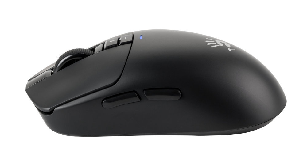 A4TECH Bloody R72 Wbudowana bateria 300 mAh 75 godzin na jednym ładowaniu - mysz od lewego boku na białym tle