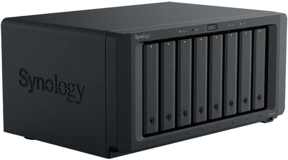 Serwer plików SYNOLOGY DiskStation DS1825+ Urządzenie sieciowe w kolorze czarnym z ośmioma zatokami dyskowymi i podświetlonymi diodami stanu, wsparcie, obsługa RAID, konfiguracja, dyski