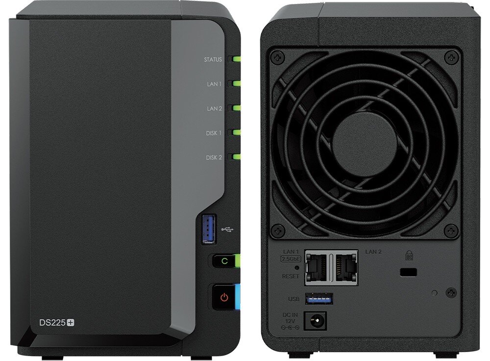 Serwer plików SYNOLOGY DiskStation DS225+ Widok z przodu i tyłu urządzenia, z lewej strony diody i port USB, z prawej duży wentylator, dwa porty sieciowe, port USB i gniazdo zasilania, porty LAN, połączenie z siecią