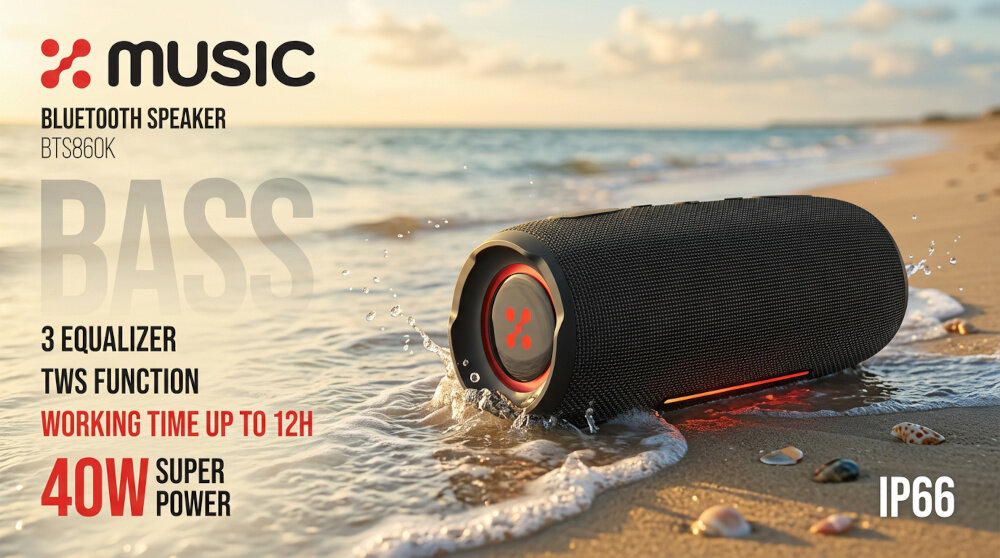 Na obrazie widoczny jest czarny głośnik Bluetooth leżący na plaży, częściowo zanurzony w wodzie. Tekst na obrazie: \'MUSIC, BLUETOOTH SPEAKER BTS860K, BASS, 3 EQUALIZER, TWS FUNCTION, WORKING TIME UP TO 12H, 40W SUPER POWER, IP66\'.