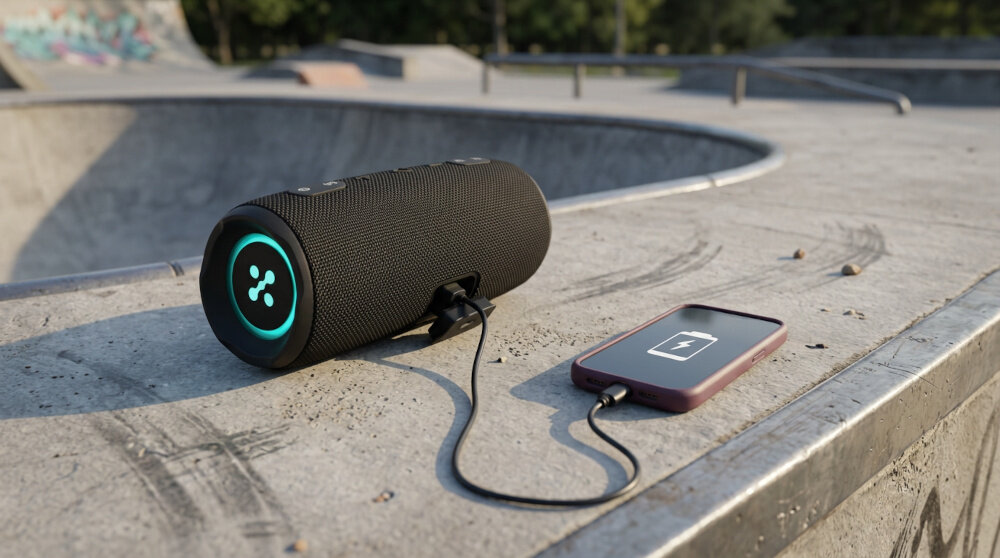 Czarny głośnik mobilny leży na betonowej powierzchni, podłączony kablem do smartfona z ikoną ładowania na ekranie. W tle widoczny jest skatepark z rampami i zielenią.