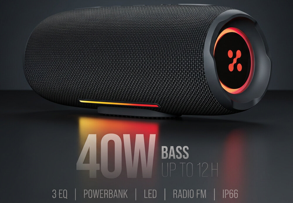 Czarny głośnik mobilny z widocznym logo na boku, podświetlany na czerwono. Na dole tekst: \'40W BASS UP TO 12H\', \'3 EQ | POWERBANK | LED | RADIO FM | IP66\'.